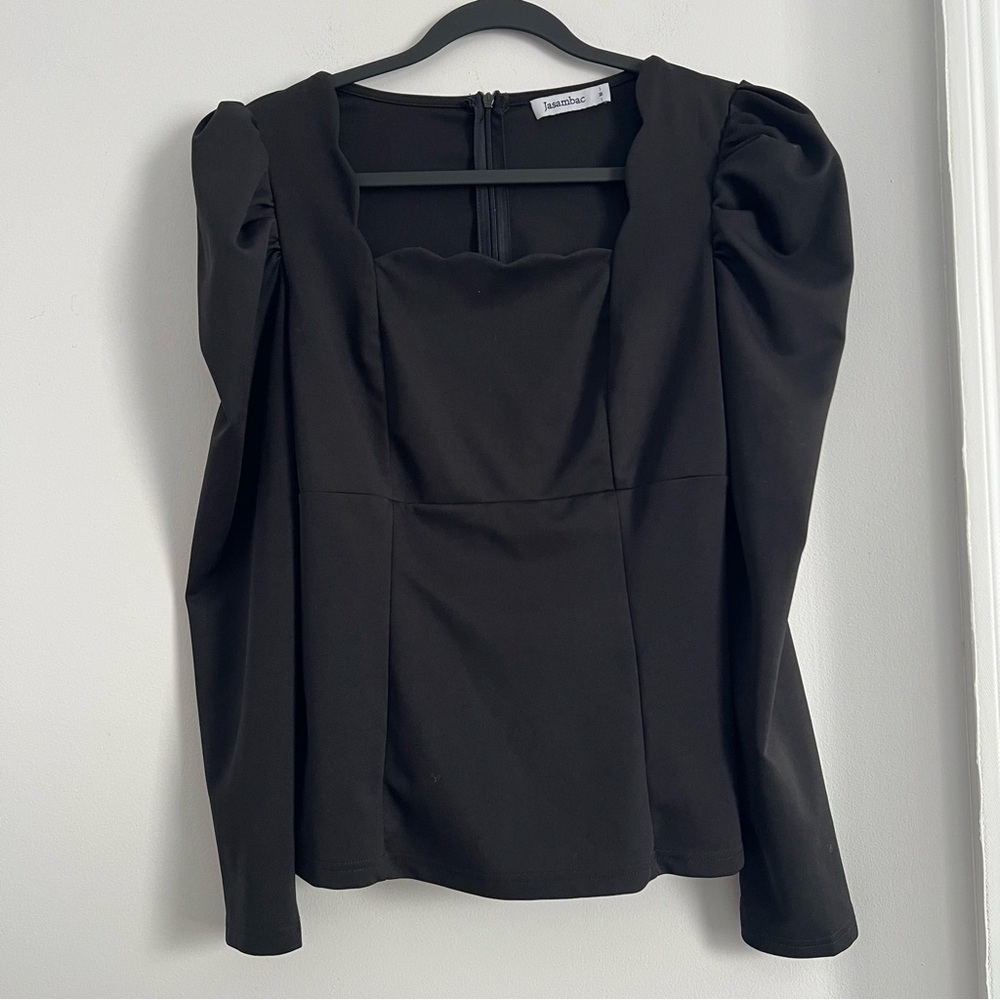 Scalloped Square-Neck Black Puff-Sleeve Blouse